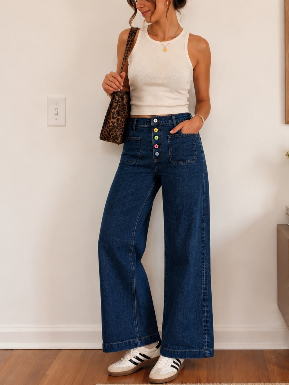 Reformation Victoria High Rise Wide Leg Jeans Patch Pocket Custom Flower Buttons
